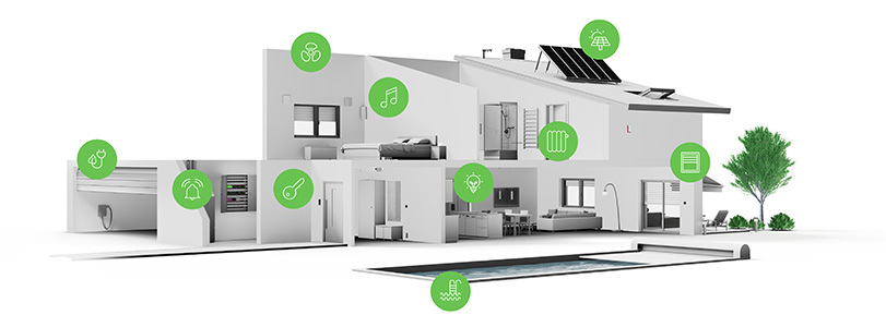 Illustration eines Smart Homes mit Icons, die die Funktionen darstellen